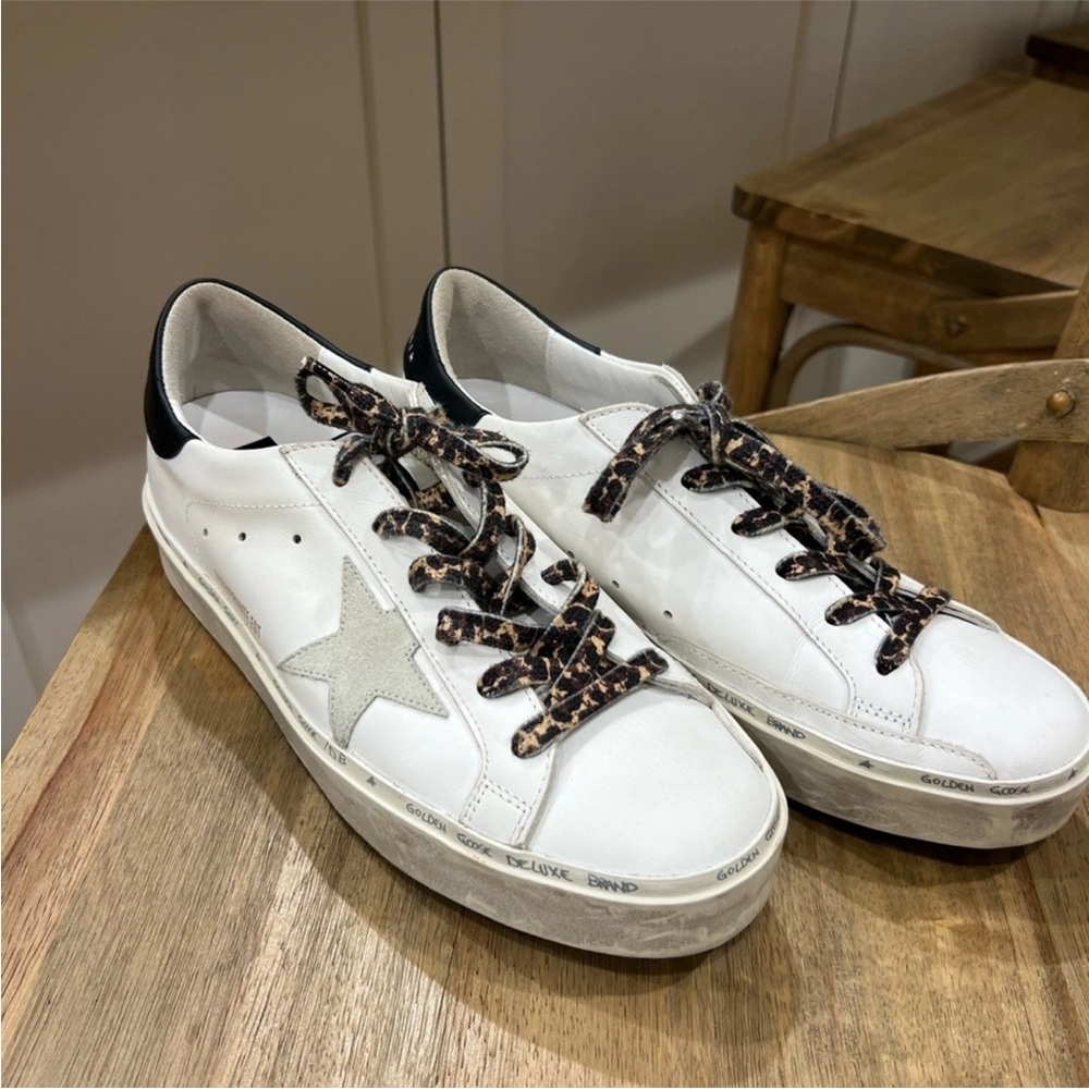 Golden Goose Hi Star White Sneakers with Leopard Print Laces